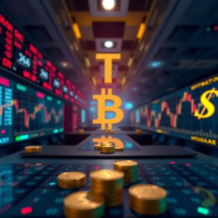 Conceptual illustration of financial market with binary options trading symbols and currency signs