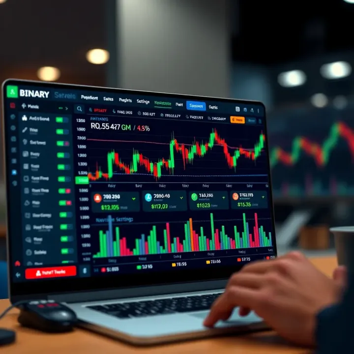 Dashboard view of a binary trading platform highlighting navigation menu and account settings