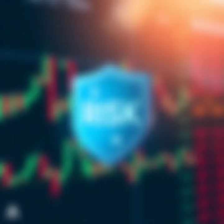 Risk management concept with shield icon and candlestick chart background