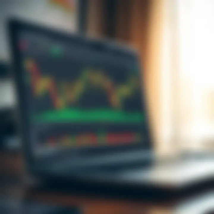 A laptop screen displaying a forex trading platform with charts and currency pairs prominently featured