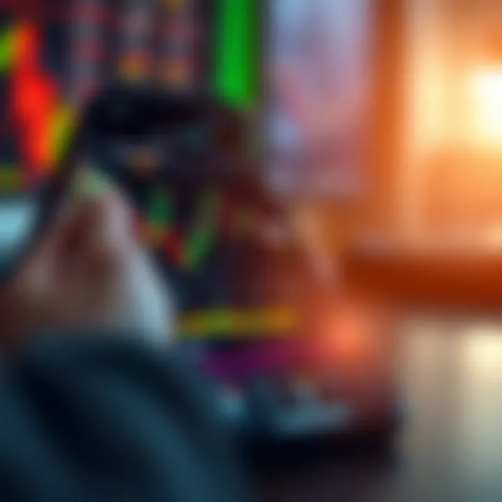 Mobile device displaying forex trading app interface with charts and candlestick patterns