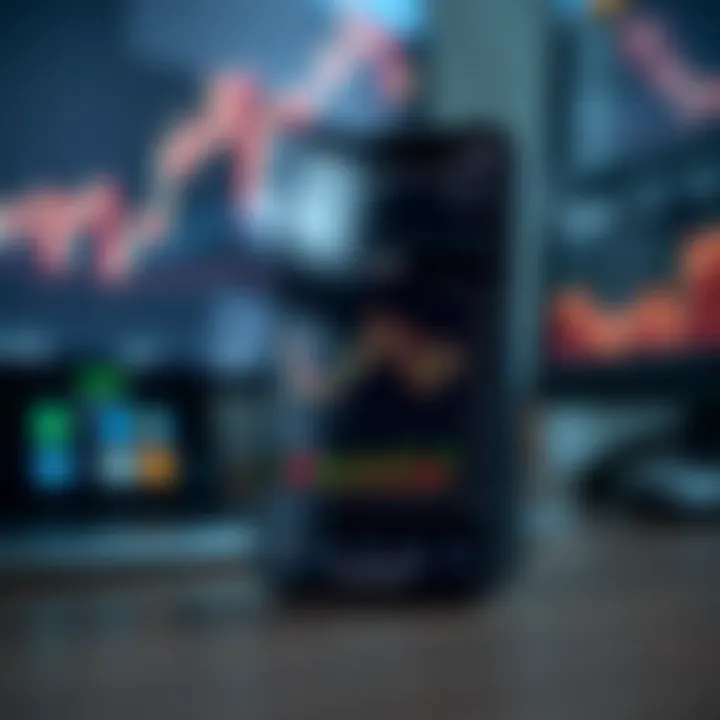 Smartphone displaying a forex trading app interface with charts and currency pairs