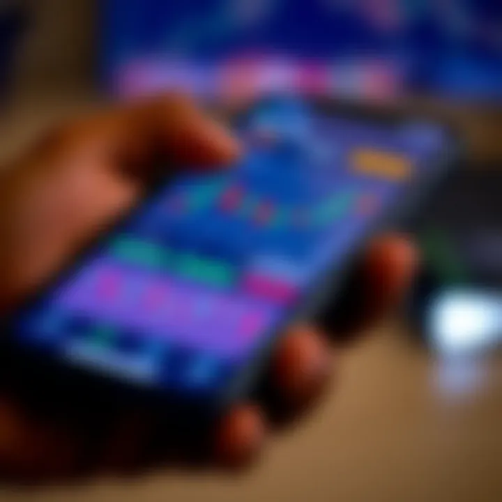 Mobile device displaying a forex trading app interface with charts and currency exchange rates