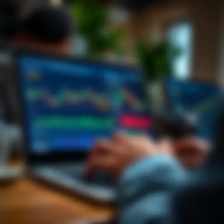 User navigating a forex trading platform interface on a laptop displaying charts and trading options