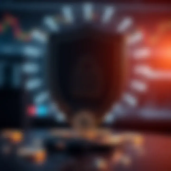 Symbolic representation of digital security with a shield and cryptocurrency icons