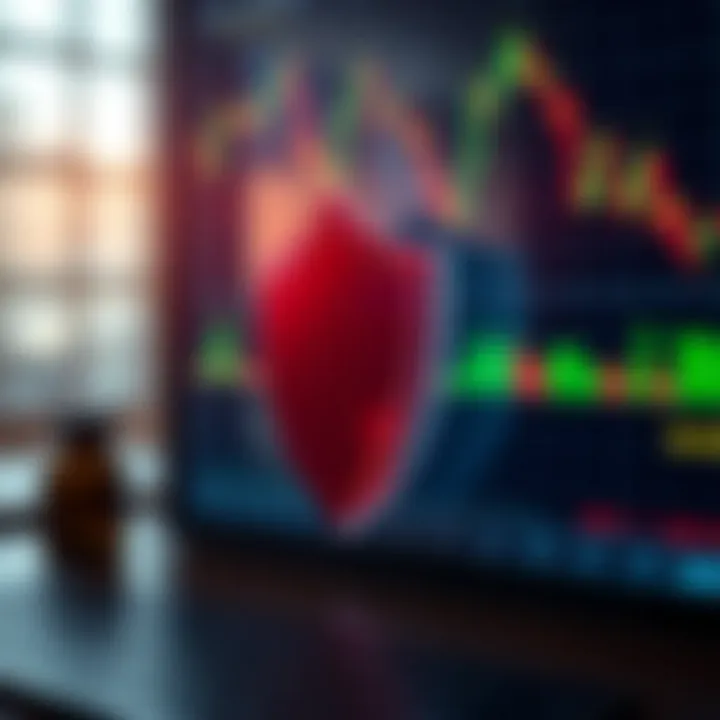 Risk Management Strategies in Forex Trading Conceptual illustration of risk management with safety shield and financial graphs on a digital screen
