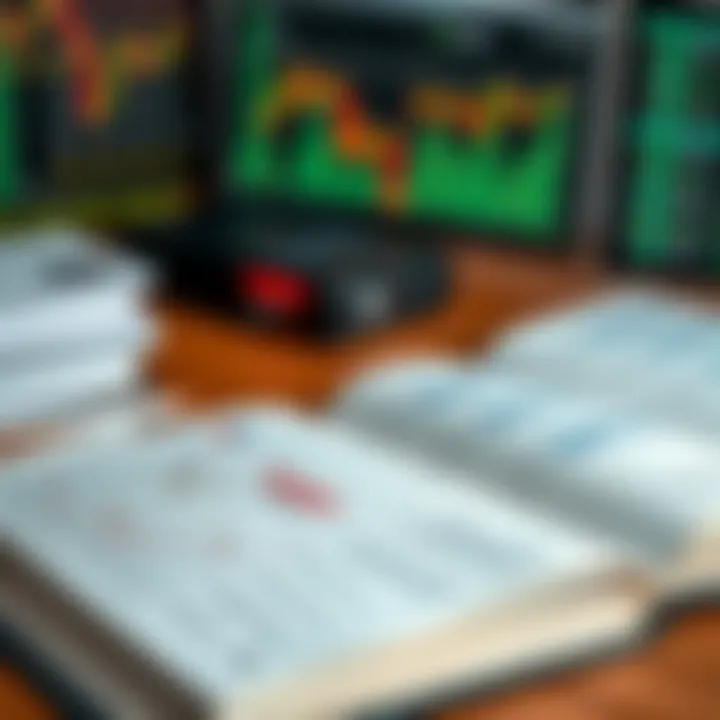 Open forex trading book with charts and graphs on a wooden desk