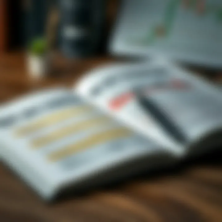 Open book with highlighted forex strategies and notes on trading