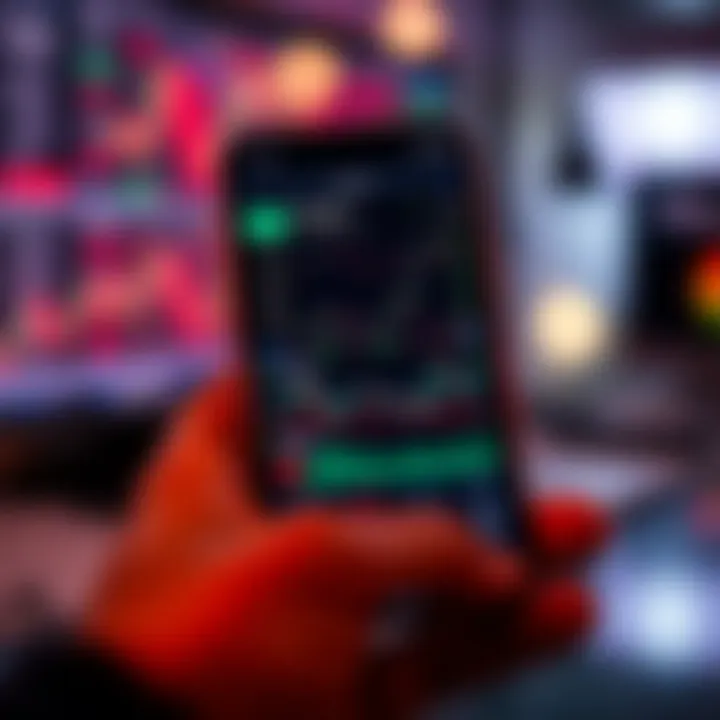 Mobile device displaying forex trading app interface with charts and currency exchange rates