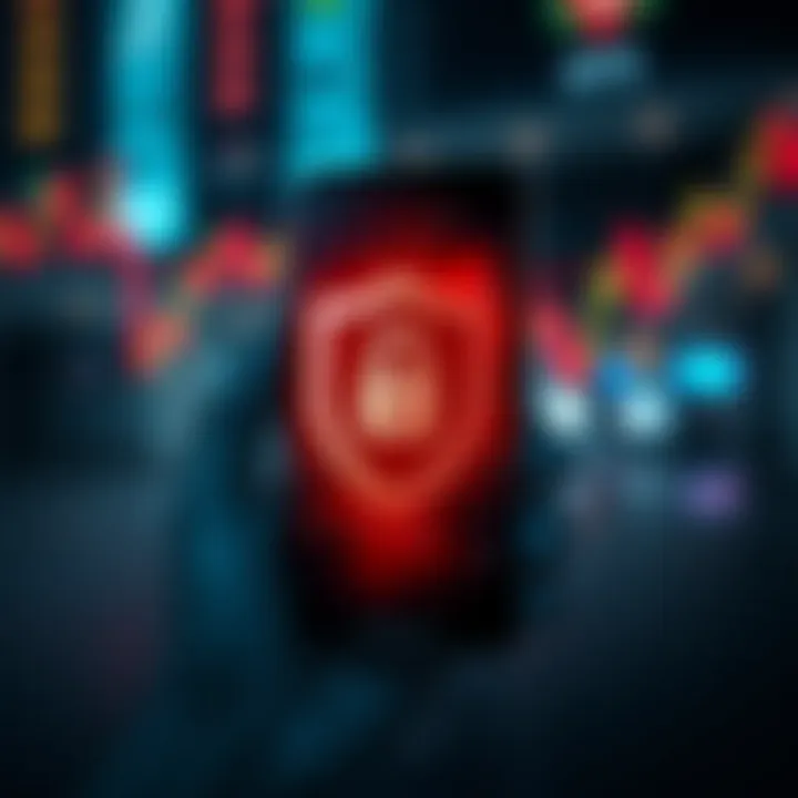 Illustration of a secure mobile app environment with shield and lock icons representing safety