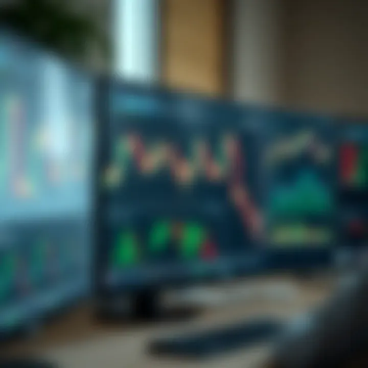 Forex Market Analysis with Candlestick Charts and Indicators Computer screen showing forex market analysis with candlestick charts and technical indicators