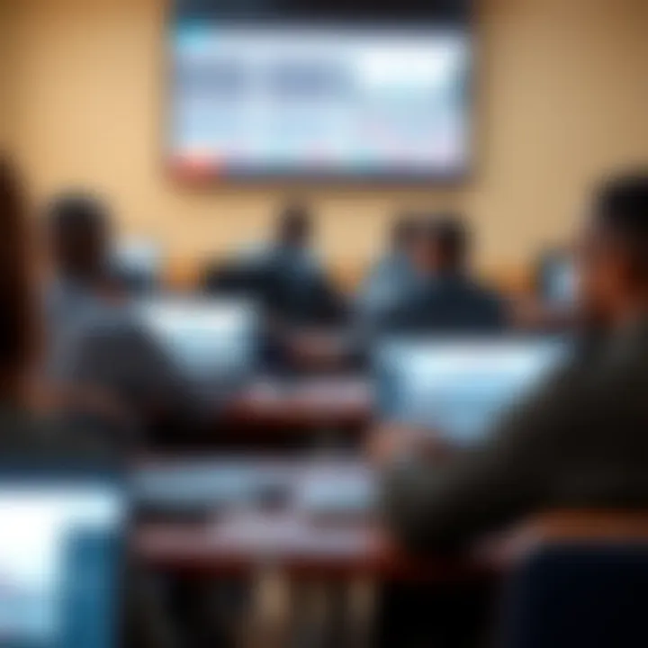 Classroom setting with students learning forex trading concepts on laptops