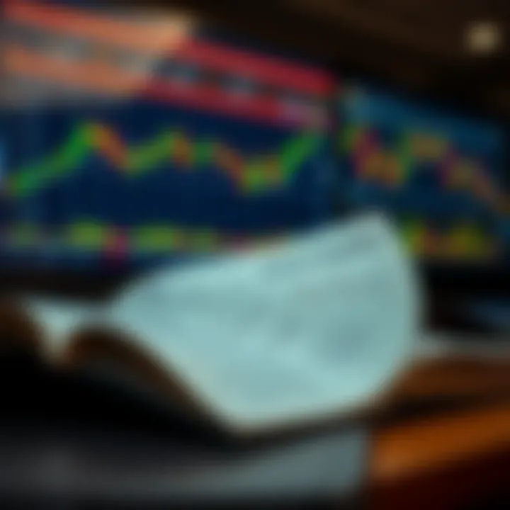 Open forex trading book with charts and currency symbols on a digital screen in the background