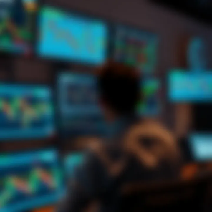 Analyzing Currency Market Trends in Forex Trading Forex trading charts displayed on multiple digital screens showing currency market trends