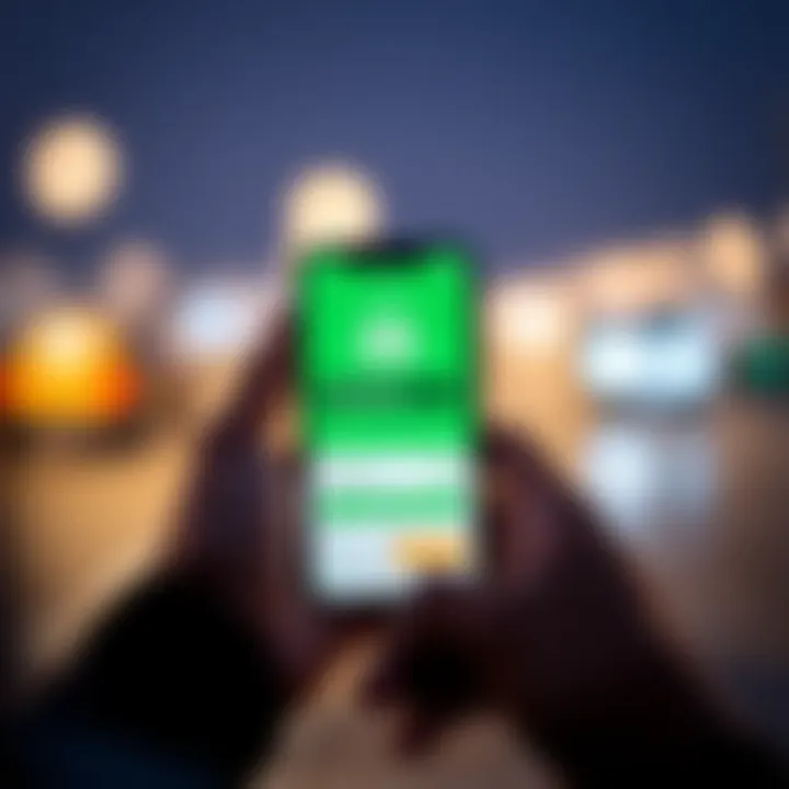 Close-up of hands holding a smartphone showing M-Pesa mobile money transfer app on the screen