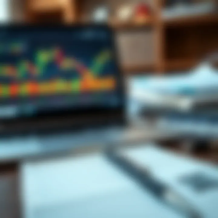 Notebook and pen beside a laptop displaying forex market trends