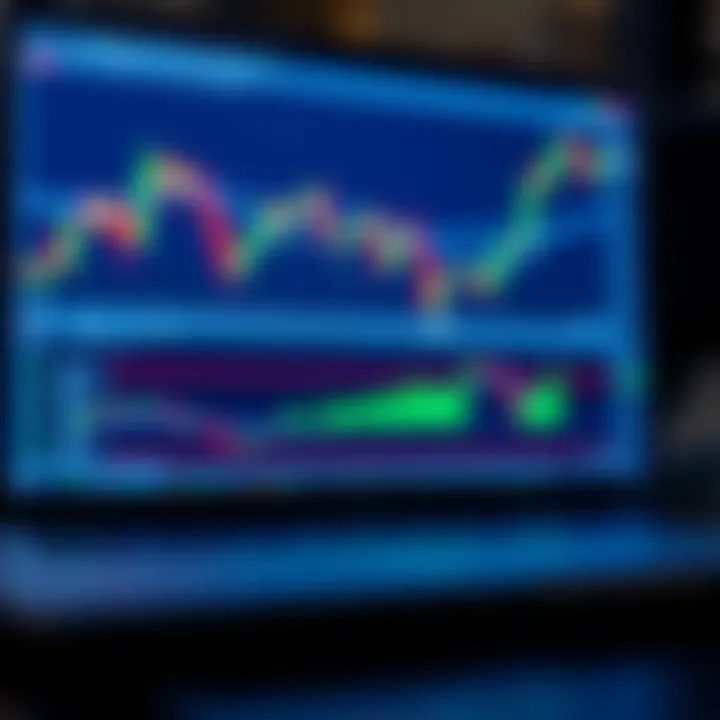 Digital illustration of a forex trading chart on a laptop screen with graphs and candlesticks