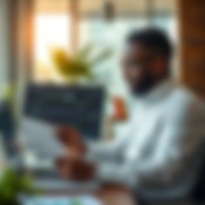 Professional reviewing financial charts and data on digital devices in a modern office setting