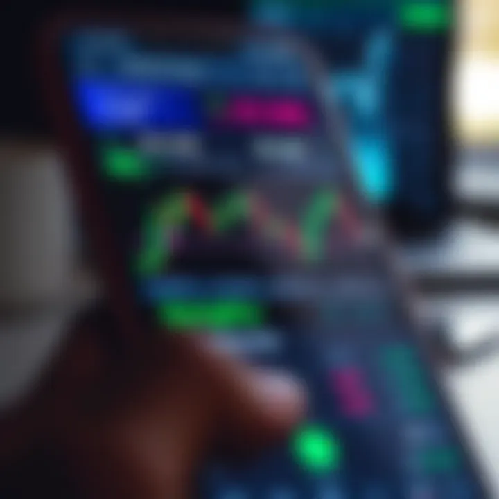 Forex Trading App Interface with Real-Time Currency Charts Mobile phone screen displaying a forex trading app interface with currency charts and analytics
