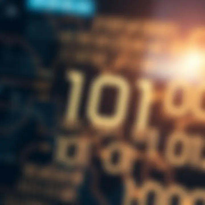 Diagram illustrating the binary number system with zero and one digits connected to digital circuits