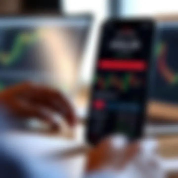 Illustration showing a smartphone screen with a binary trading app interface displaying charts and trade options