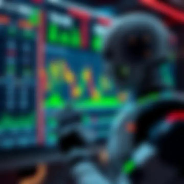 Digital robot analyzing currency charts on a futuristic interface
