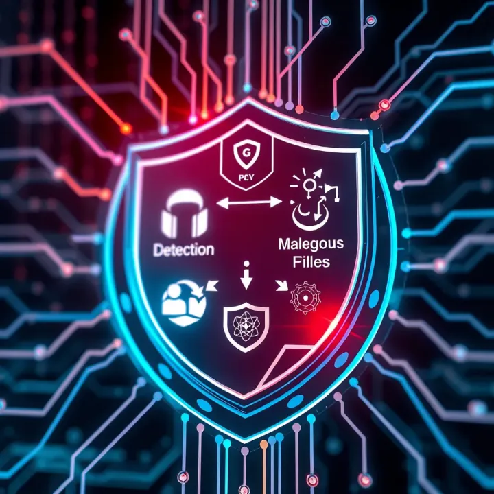 Graphic depicting cybersecurity shield with symbols of detection and prevention mechanisms against malicious bot binaries
