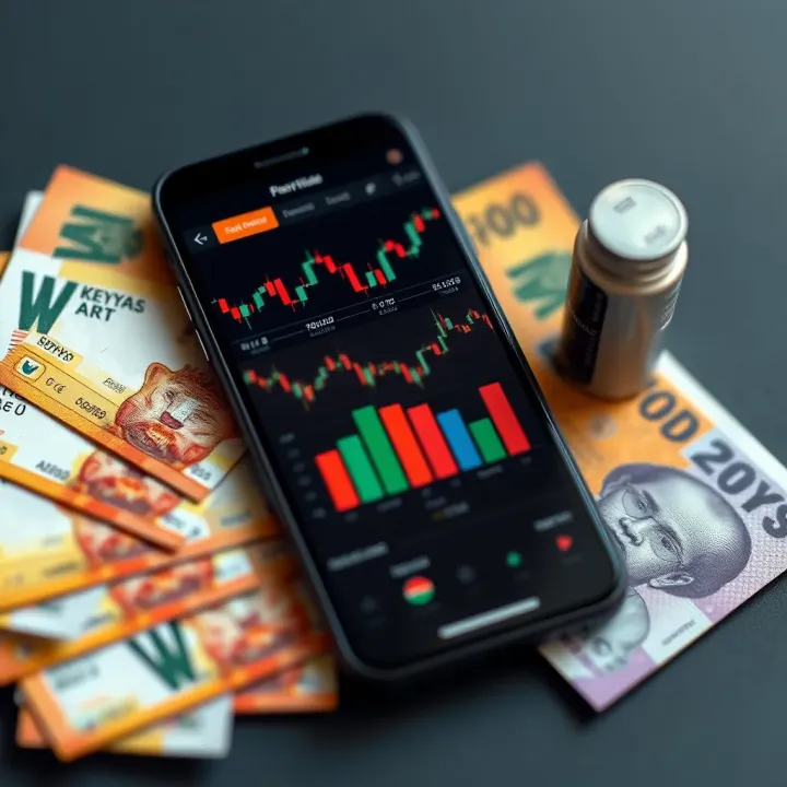Kenyan shilling banknotes alongside a smartphone showing forex trading apps and analytics