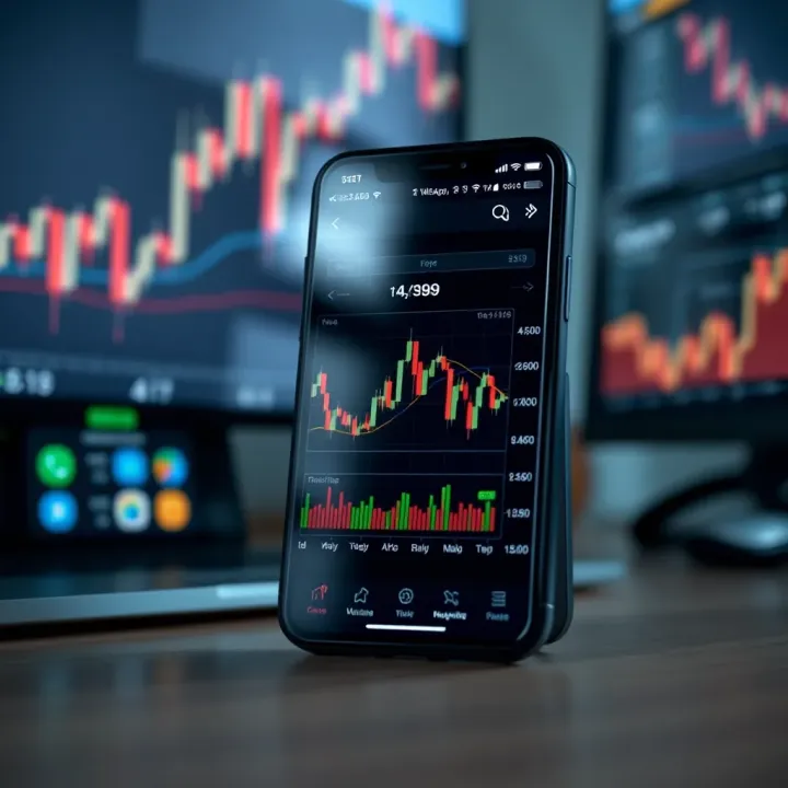 Smartphone displaying a forex trading app interface with charts and currency pairs