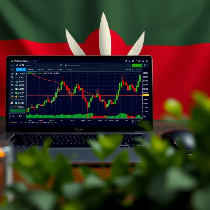Visual representation of forex trading platforms with charts and currency symbols set against a Kenyan flag backdrop