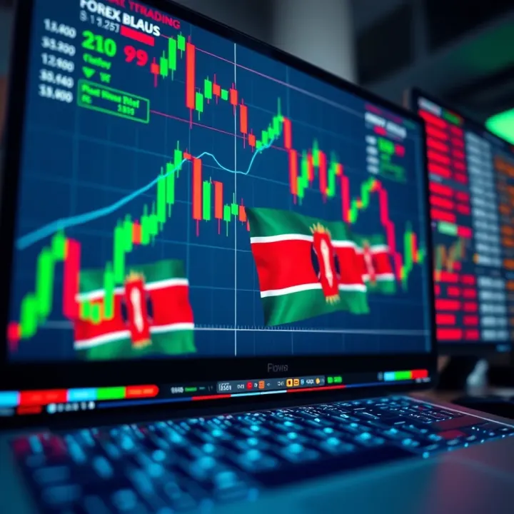Illustration showing a digital trading platform with currency charts and a Kenyan flag