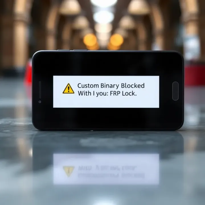 Android smartphone displaying a warning message about custom binary blocked due to FRP lock on the screen