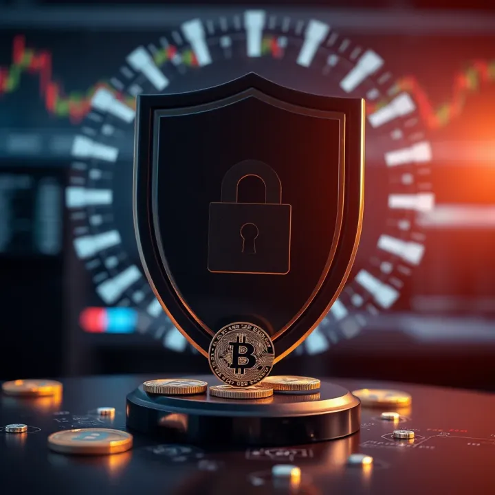 Symbolic representation of digital security with a shield and cryptocurrency icons