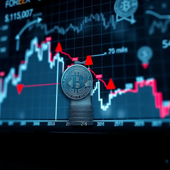 Visual Representation of Forex Market Trends and Currency Movements Graph showing upward and downward trends with forex currency symbols overlay