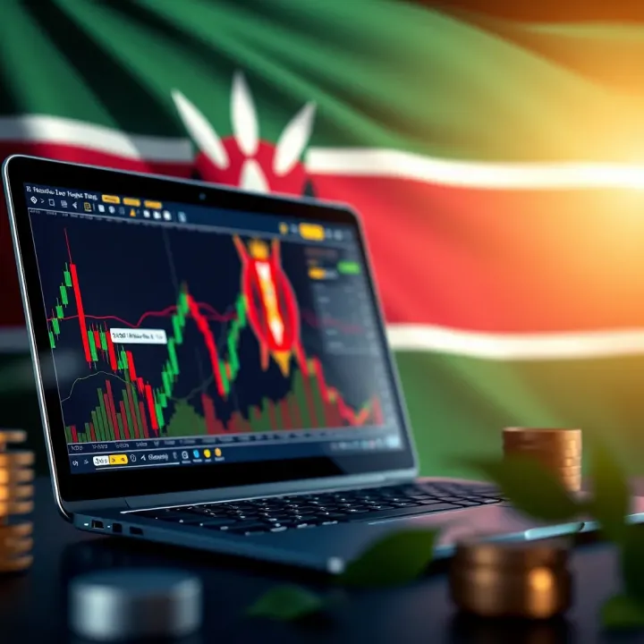 Illustration of a laptop displaying forex charts and currency symbols with a Kenyan flag in the background