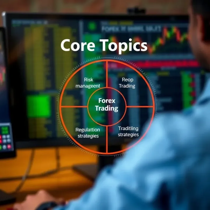 Diagram showing key forex course topics such as risk management, regulations, and trading strategies tailored for Kenyan learners