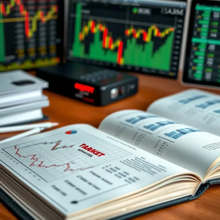 Open forex trading book with charts and graphs on a wooden desk