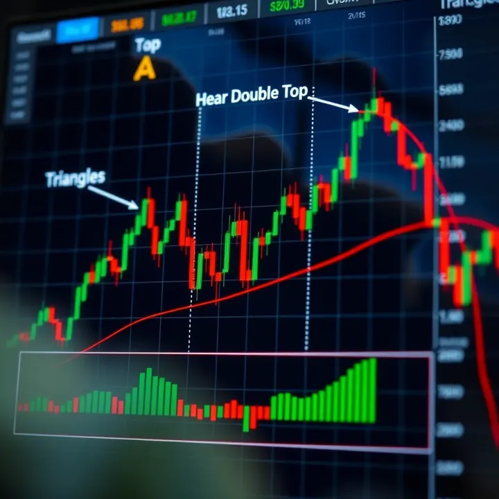 Illustration of common forex chart patterns including head and shoulders, double top, and triangles