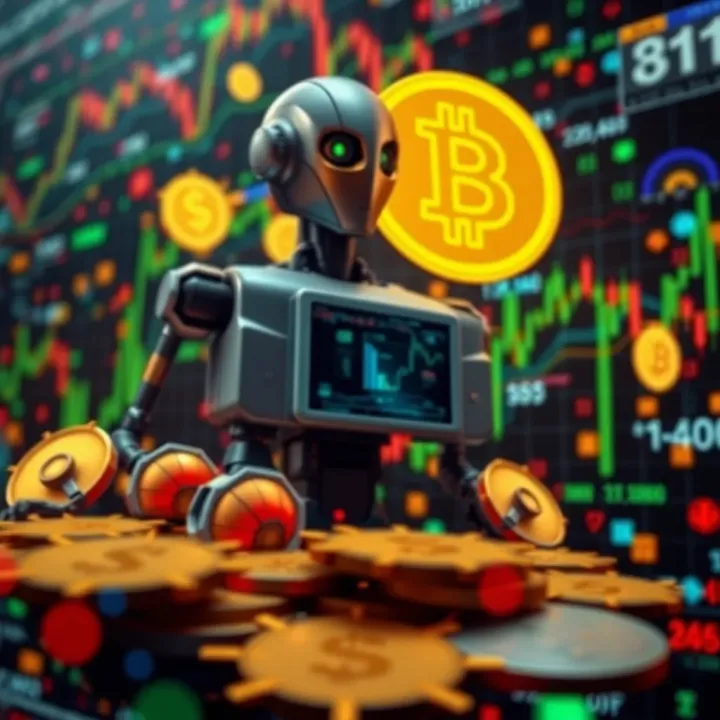 Forex Market Automation and Digital Currency Dynamics Conceptual illustration of forex market automation with digital currency symbols and data streams