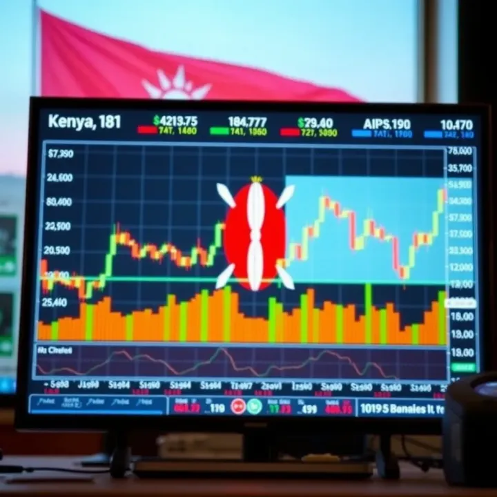 Graph of currency market trends displayed on a digital screen with a Kenyan flag in the background