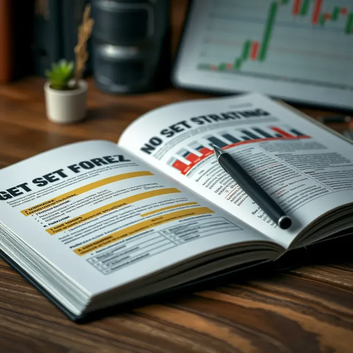 Open book with highlighted forex strategies and notes on trading