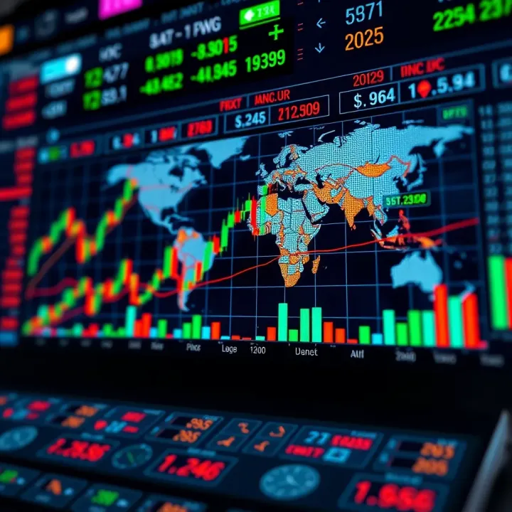 Illustration of forex currency pairs with price charts and global financial icons