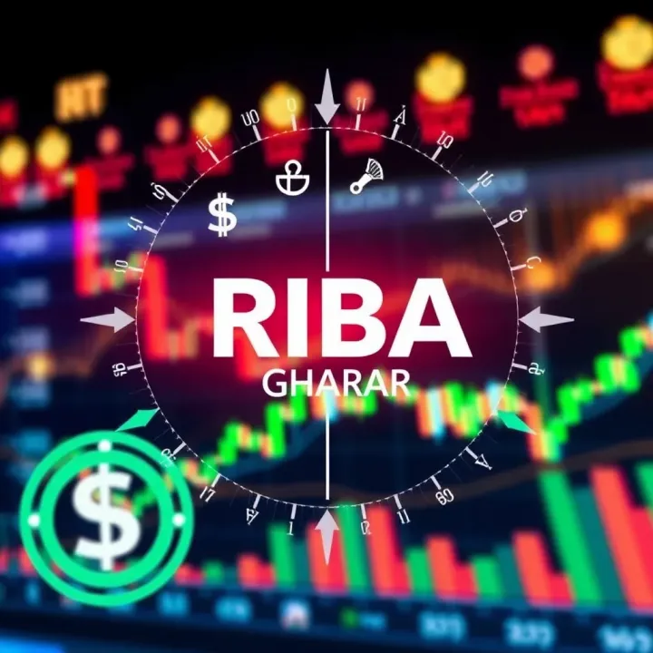 Illustration showing concepts of Riba and Gharar in Islamic finance with forex trading symbols