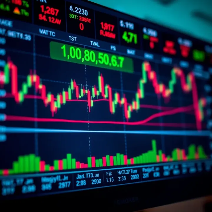 Illustration of a digital trading platform interface displaying currency pairs and market trends