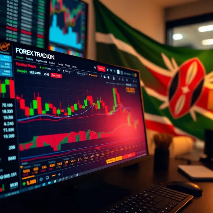 A desktop screen displaying a forex trading platform with currency charts and a Kenyan flag in the background
