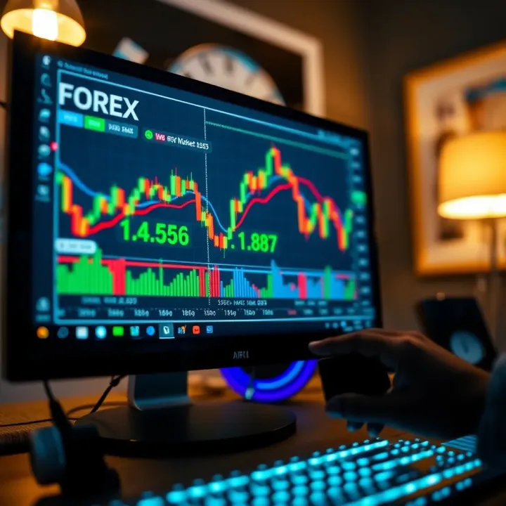 Close-up of a computer screen displaying forex market charts and analysis tools