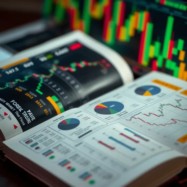 Visual Guide to Forex Trading Strategies and Market Analysis An open book with charts and graphs illustrating forex trading concepts