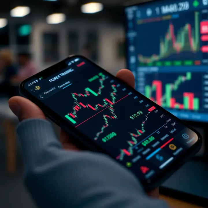 Smartphone displaying forex trading platform with currency exchange charts and market data