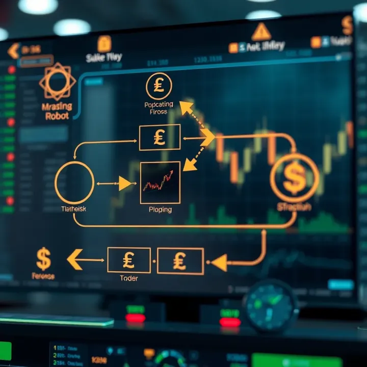 Diagram illustrating the functioning of an automated forex trading system with currency symbols and algorithm flow