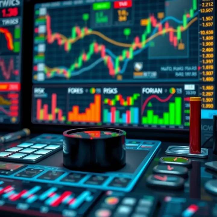 Illustration of various forex trading tools including charts, graphs, and risk management icons